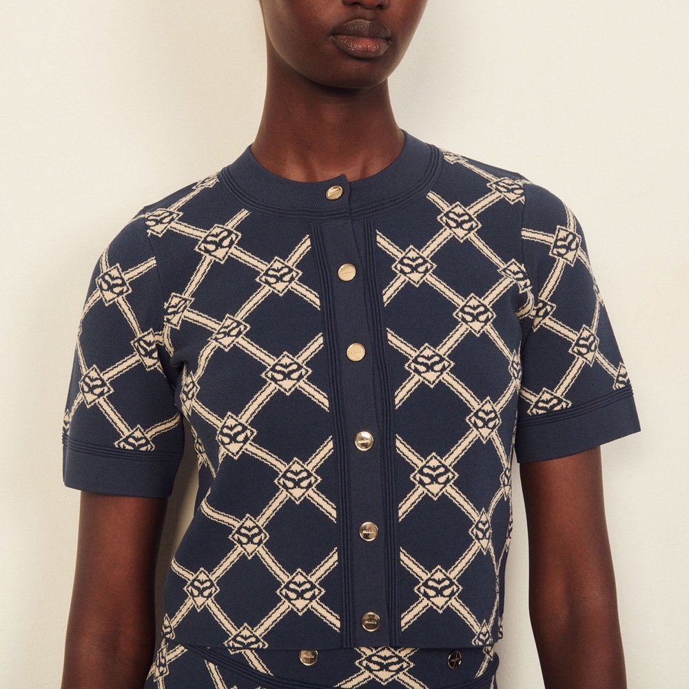 Sandro Blue and Cream Geometric Cardigan